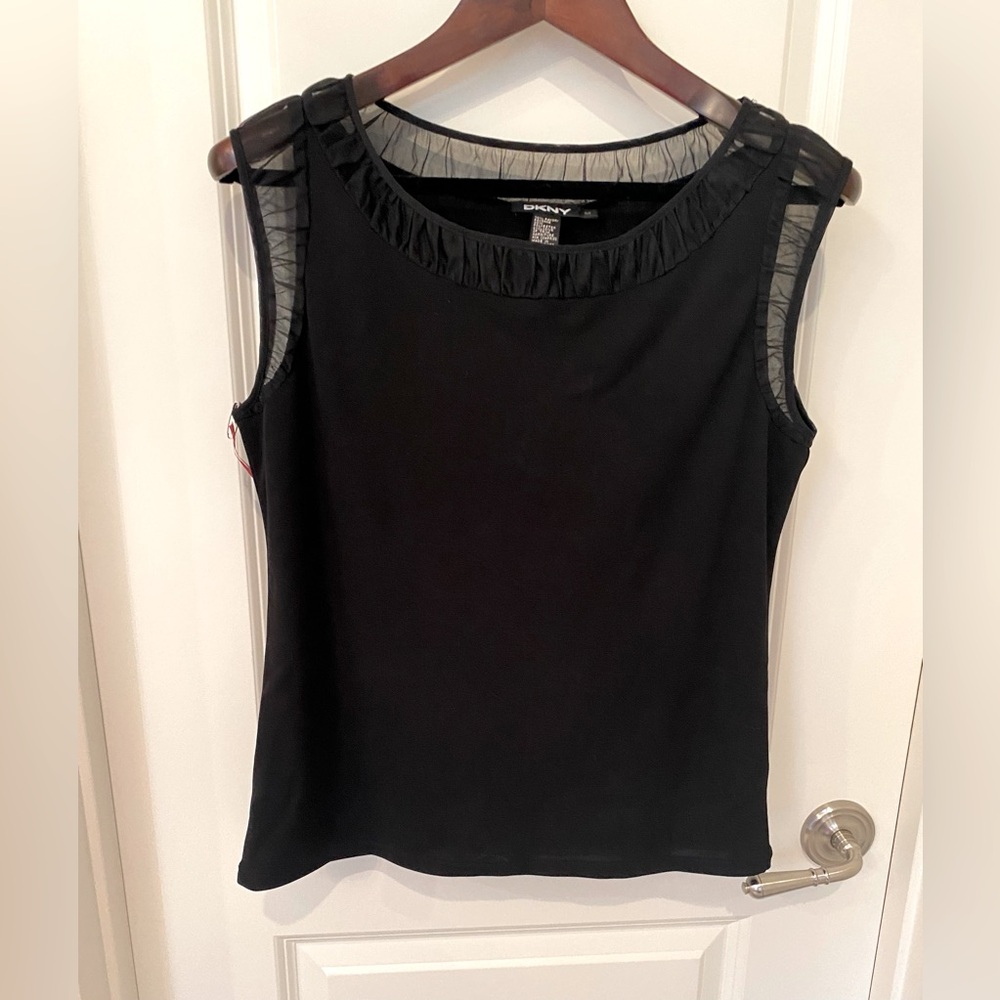 DKNY Black sleeveless top with sheer ruching trim Size M